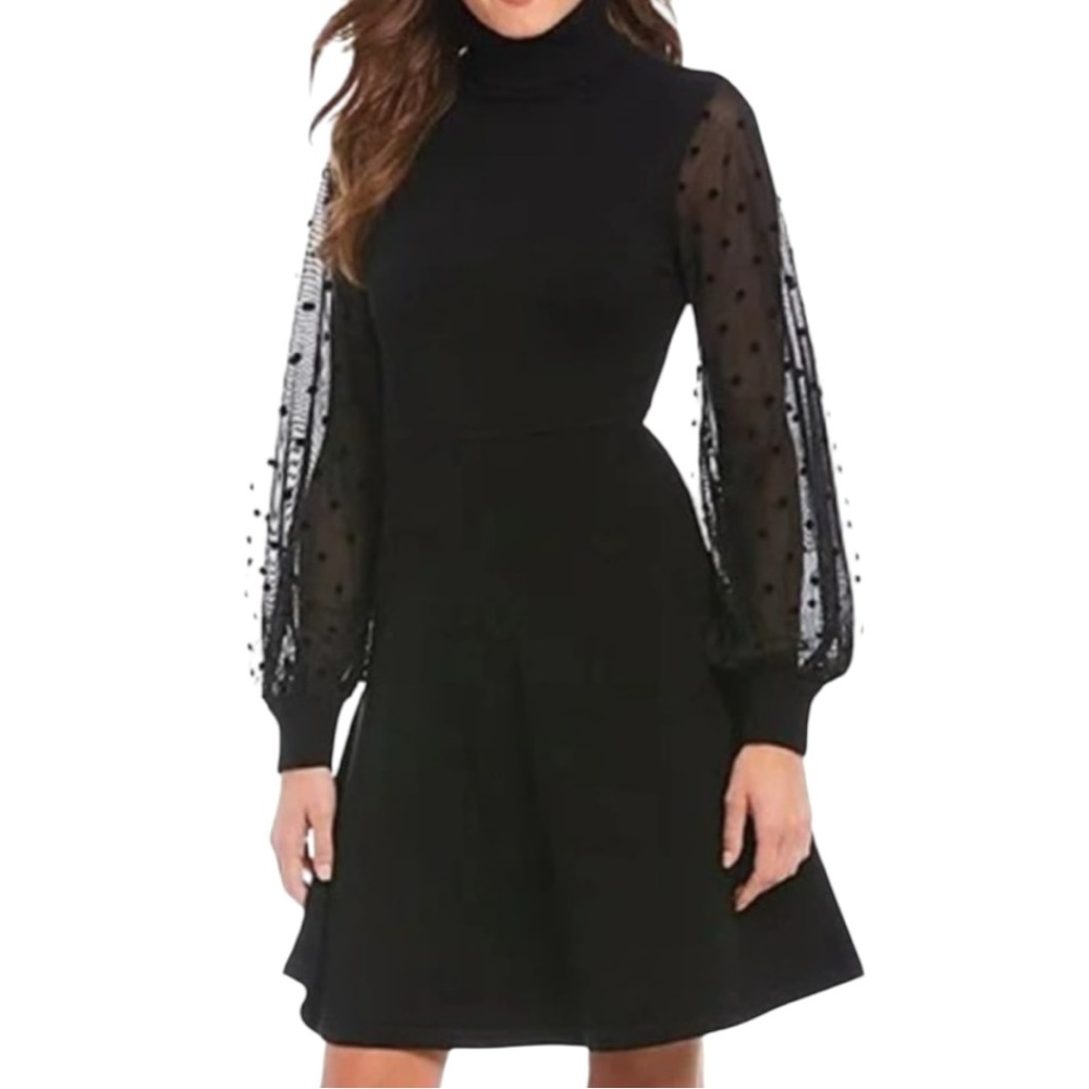 Eliza J Black Mixed Media Long Sleeve Knit Fit & Flare Dress size XXL Sheer Dots